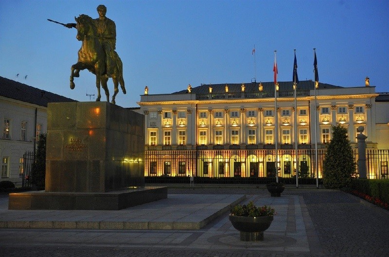 The illuminated Presidential Palace in Warsaw, Poland, at night